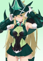 1girl akatsuki_kirika armor armored_dress armpits arms_up blonde_hair blush breasts dress green_eyes green_leotard green_thighhighs hair_ornament haishima_xv highres leotard long_hair looking_at_viewer medium_breasts panties senki_zesshou_symphogear shiny_skin short_hair solo striped_clothes striped_panties symphogear_pendant thighhighs undersuit underwear x-drive_(symphogear) x_hair_ornament
