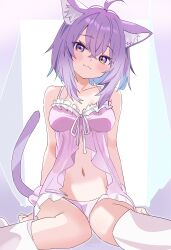 Rule 34 | 1girl, :3, absurdres, ahoge, alternate costume, animal ear fluff, animal ears, babydoll, bare arms, breasts, cat ears, cat girl, cat tail, cleavage, closed mouth, crossed bangs, double-parted bangs, front slit, hair between eyes, hashtag-only commentary, head tilt, highres, hololive, hutaba haru, indoors, looking at viewer, medium breasts, navel, nekomata okayu, pink babydoll, pink shorts, purple eyes, purple hair, short hair, short shorts, shorts, sitting, solo, tail, virtual youtuber, wariza