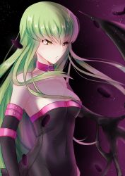 1girl absurdres black_dress black_sleeves breasts budgiepon c.c. cleavage closed_mouth code_geass collar collarbone cosplay covered_navel detached_sleeves dress fate/stay_night fate_(series) floating_hair green_hair hair_between_eyes highres long_hair medium_breasts medusa_(fate) medusa_(rider)_(fate) medusa_(rider)_(fate)_(cosplay) pink_collar solo standing straight_hair strapless strapless_dress v-shaped_eyebrows very_long_hair yellow_eyes
