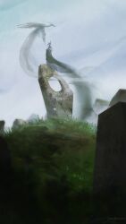 1other bird cloud cloudy_sky fading grass hill looking_at_animal original painterly rock sky standing tiara very_long_tail zandra