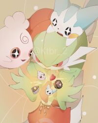 Rule 34 | artist name, bob cut, candy, chocolate, chocolate heart, colored skin, food, gardevoir, gen 2 pokemon, gen 3 pokemon, gen 4 pokemon, green hair, green skin, heart, heart-shaped food, highres, igglybuff, ktbr 2, multicolored fur, multicolored skin, nintendo, pachirisu, pink eyes, pink skin, pokemon, pokemon (creature), pokemon cafe remix, two-tone skin, white fur, white skin