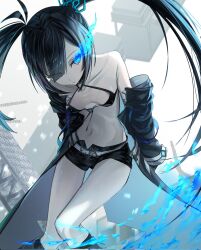 bikini bikini_top_only black_bikini black_boots black_hair black_jacket black_rock_shooter black_rock_shooter_(character) black_shorts blue_eyes blue_fire boots closed_mouth feet_out_of_frame fire flaming_eye flat_chest front-tie_bikini_top front-tie_top ggxdgbkof highres jacket long_hair navel off_shoulder pale_skin short_shorts shorts star-shaped_pupils star_(symbol) stomach swimsuit symbol-shaped_pupils thighs twintails uneven_twintails