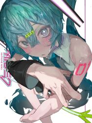 Rule 34 | 1girl, absurdres, arm tattoo, armpit crease, barefoot, black sleeves, blush, character name, collared shirt, commentary, crossed bangs, curled fingers, detached sleeves, double-parted bangs, food-themed hair ornament, from above, gaku, green eyes, green hair, grey shirt, hair between eyes, hair ornament, hatsune miku, highres, long bangs, long hair, looking at viewer, looking up, miku day, number tattoo, parted lips, shirt, sleeveless, sleeveless shirt, solo, sparkle, spring onion, spring onion hair ornament, sweat, tattoo, twintails, vocaloid