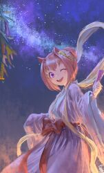 Rule 34 | 1girl, animal ears, bow, commentary request, hair bun, hair ornament, happy, haru urara (umamusume), highres, horse ears, horse girl, inishie kumo, japanese clothes, kimono, looking at viewer, night, one eye closed, open mouth, pink hair, pink kimono, purple eyes, red bow, sash, short hair, single hair bun, sky, smile, solo, star (sky), star (symbol), star hair ornament, starry sky, tareme, teeth, umamusume, upper teeth only, white sash