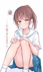 1girl blue_skirt blush bow brown_eyes brown_hair embarrassed hair_between_eyes hair_ornament hairclip highres kutatsu_(kutatsu7) legs long_hair looking_at_viewer original pleated_skirt ponytail sailor_collar school_uniform shirt short_sleeves simple_background skirt socks solo sweat sweatdrop thighs white_sailor_collar white_shirt white_socks