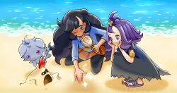 2girls ;) acerola_(pokemon) armlet black_hair black_pantyhose blue_sweater brown_skirt closed_mouth collared_shirt commentary_request creatures_(company) curly_hair dress emma_(pokemon) espurr ffccll flip-flops flipped_hair game_freak gen_6_pokemon gen_7_pokemon grey_eyes hair_ornament hairclip highres holding holding_magnifying_glass jewelry long_hair looking_down magnifying_glass multicolored_dress multiple_girls nintendo one_eye_closed pantyhose pokemon pokemon_(creature) pokemon_sm pokemon_xy purple_hair sand sandals sandygast shirt shore short_sleeves skirt smile sparkle squatting sweater topknot torn_clothes torn_dress water