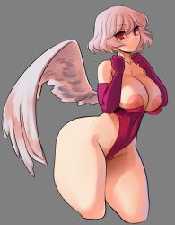 1girl absurdres breasts closed_mouth collarbone commentary cropped_legs elbow_gloves english_commentary gloves grey_background grey_hair grey_wings groin highres kishin_sagume large_areolae large_breasts leotard looking_at_viewer nezo nipples purple_gloves purple_leotard red_eyes short_hair simple_background single_wing solo thick_thighs thighs touhou undersized_clothes wings