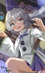 1girl blue_bow blue_hat blue_skirt bow bowtie clip_studio_paint_(medium) grey_eyes hair_between_eyes hat highres japanese_clothes kariginu layered_sleeves long_hair looking_at_viewer mononobe_no_futo open_mouth pom_pom_(clothes) skirt smile solo someira_somein tate_eboshi teeth touhou upper_teeth_only