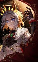 Rule 34 | 1girl, absurdres, ahoge, animal ears, ascot, black ascot, black gloves, commentary request, ear covers, gloves, hair intakes, highres, horse ears, horse girl, jacket, long hair, long sleeves, looking at viewer, manjo (warito), multicolored hair, orange hair, orfevre (umamusume), reaching, reaching towards viewer, single ear cover, solo, twitter username, two-tone hair, umamusume, upper body, white hair, white jacket