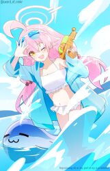 :3 absurdres ahoge beach beads bikini blue_archive blue_sky blush breasts cloud cloudy_sky eyewear_on_head fang frilled_bikini frills hair_beads hair_between_eyes hair_ornament halo halterneck hand_up highres holding holding_water_gun hoshino_(blue_archive) hoshino_(swimsuit)_(blue_archive) huge_ahoge inflatable_toy jacket loli murasame_(sword_of_nmkr) navel ocean off_shoulder official_alternate_costume official_alternate_hairstyle one_eye_closed open_clothes open_jacket orange_eyes pink_hair pink_halo sky small_breasts smile swimsuit twintails water_gun whale white_bikini