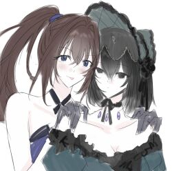 2girls :p aozaki_aoko black_eyes black_hair blue_dress blue_eyes bob_cut bonnet brown_hair closed_mouth dress fate/grand_order fate_(series) green_bonnet green_dress highres kuonji_alice kuonji_alice_(third_ascension) long_hair mahou_tsukai_no_yoru multiple_girls ponytail seiraa short_hair tongue tongue_out