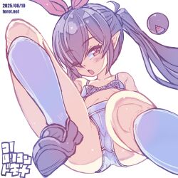 1girl backbeako_(torotei) backbeard black_hair black_shoes blush bow bow_bra bra breasts commentary dated dated_commentary eyes_visible_through_hair foot_out_of_frame gegege_no_kitarou hair_bow hair_over_one_eye knee_up kono_lolicon_domome long_hair looking_at_viewer one_eye_closed open_mouth original paid_reward_available panties petite pointy_ears red_bow red_eyes shoes simple_background small_breasts socks solo torotei translated twintails underwear underwear_only very_long_hair watermark web_address white_background white_bra white_panties white_socks