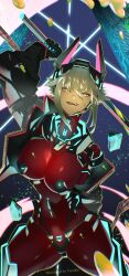 1girl arm_behind_back black_gloves black_jacket bodysuit breasts cropped_jacket gloves grey_hair highres holding holding_sword holding_weapon indie_virtual_youtuber jacket large_breasts looking_at_viewer red_bodysuit seafood_tarako short_hair sidelocks smile solo sword virtual_youtuber weapon yellow_eyes zentreya zentreya_(cyborg) zentreya_(cyborg)_(1st_costume)