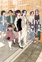 3boys 6+girls ^_^ agatsuma_zenitsu bag bag_charm black_dress blonde_hair blue_hair blue_pants brother_and_sister butterfly_earrings cardigan charm_(object) closed_eyes commentary_request crop_top dress earrings full_body green_hair hair_behind_ear hair_bun handbag hashibira_inosuke highres jewelry kamado_nezuko kamado_tanjirou kanzaki_aoi_(kimetsu_no_yaiba) kimetsu_no_yaiba kochou_kanae kochou_shinobu long_hair looking_at_viewer multiple_boys multiple_girls nakahara_sumi orange_hair outdoors overalls pants parted_bangs purple_hair red_hair scar scar_on_face siblings sidelocks sisters smile socks takada_naho takeuchi_ryousuke terauchi_kiyo tsuyuri_kanao twintails white_cardigan white_socks