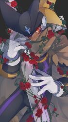 Rule 34 | 1boy, baron-0628, bass.exe (mega man), black bodysuit, black helmet, bodysuit, brown cloak, cloak, cowboy shot, cross, dated, facial mark, flower, forehead jewel, glowing, glowing eyes, helmet, highres, mega man (series), mega man battle network (series), red eyes, red flower, red rose, rose, solo
