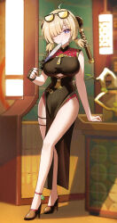 1girl absurdres ahoge bare_legs black_dress black_gloves black_shoes blonde_hair breasts china_dress chinese_clothes closed_mouth commentary cutout_above_navel dress english_commentary eyewear_on_head fingerless_gloves full_body gloves hair_over_one_eye hand_fan headgear high_heels highres holding holding_fan large_breasts legs pelvic_curtain purple_eyes shoes short_hair single_fingerless_glove smile solo standing sunglasses sweety_(zenless_zone_zero) thighs tinted_eyewear tuanshan wuzhihuijia yellow-tinted_eyewear zenless_zone_zero
