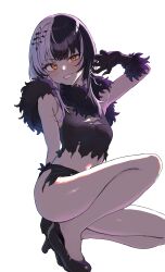 1girl absurdres alternate_costume blue_archive blush breast_cutout breasts cleavage_cutout clothing_cutout cosplay high_heels highres hololive hololive_english kazusa_(blue_archive) kazusa_(blue_archive)_(cosplay) kazusa_(halloween)_(blue_archive) multicolored_hair no_panties second-party_source shiori_novella simple_background split-color_hair teeth torn_clothes underboob virtual_youtuber wanimaru white_background yellow_eyes