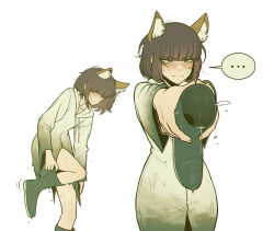... 1girl animal_ear_fluff animal_ears blunt_bangs boots brown_hair character_request closed_mouth copyright_request cowboy_shot dress embarrassed foot_out_of_frame foreshortening gradient_clothes gradient_dress green_boots green_dress grey_dress highres holding holding_boots holding_footwear holding_unworn_clothes hooded_dress long_sleeves looking_at_viewer medium_hair misg1111 multiple_views outstretched_arms red_eyes removing_shoes simple_background spoken_ellipsis standing standing_on_one_leg unworn_boots wet wet_clothes white_background white_dress