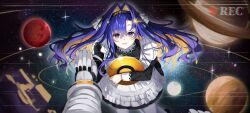 Rule 34 | 1girl, 1other, :d, apron, astronaut, black dress, black hairband, blonde hair, blue eyes, blue hair, colored inner hair, cowboy shot, dress, floating hair, frilled apron, frills, hair intakes, hair ornament, hairband, highres, holding record, kuramoto beta-carotene, long hair, multicolored hair, open mouth, outstretched arm, palms together, pantyhose, planet, pov, pov hands, recording, reverse:1999, school uniform, short dress, smile, soviet school uniform, space, spacesuit, star (sky), star (symbol), star hair ornament, starry sky background, very long hair, voyager (reverse:1999), voyager golden record, white apron, white pantyhose