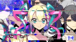2girls abstract_background ame-chan_(needy_girl_overdose) black_eyes black_hair blonde_hair blue_bow blue_eyes blue_hair bow chouzetsusaikawa_tenshi-chan closed_mouth cropped_shoulders empty_eyes fake_video glitch hair_bow hair_ornament half-closed_eyes long_hair looking_at_viewer media_player_interface multicolored_hair multiple_girls multiple_hair_bows multiple_views needy_girl_overdose pink_bow pink_hair pixelated purple_bow quad_tails recurring_image smile translation_request twintails uten3kai wide-eyed x_hair_ornament youtube
