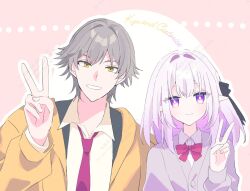 1boy 1girl alternate_costume bow bowtie caelus_(honkai:_star_rail) castorice_(honkai:_star_rail) english_text grey_hair honkai:_star_rail honkai_(series) kanaria_(mint_tea1256) necktie purple_eyes purple_hair smile trailblazer_(honkai:_star_rail) upper_body v
