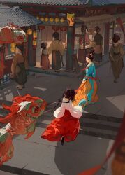 6+girls age_difference aqua_shirt architecture basket black_eyes black_hair braid child east_asian_architecture fish from_above full_body hair_bun hanfu highres lantern long_hair long_skirt long_sleeves looking_at_another looking_back market multiple_girls orange_skirt original outdoors pants red_ribbon red_shawl red_skirt ribbon running ruqun shawl shirt shoes shop single_braid skirt stairs twintails walking weizhidaodao wide_sleeves