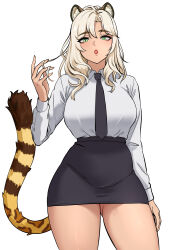 1girl :o absurdres alternate_costume animal_ears asymmetrical_bangs black_necktie black_skirt blonde_hair breasts collared_shirt commentary contemporary cowboy_shot curtained_hair dark-skinned_female dark_skin dress_shirt english_commentary genshin_impact gluteal_fold green_eyes hand_in_own_hair high-waist_skirt highres jaguar_ears jaguar_girl jaguar_tail joonibell large_breasts lips long_sleeves looking_at_viewer medium_hair miniskirt necktie parted_bangs parted_lips pencil_skirt shirt shirt_tucked_in simple_background skirt slit_pupils solo standing tail white_background white_shirt wing_collar xilonen_(genshin_impact)