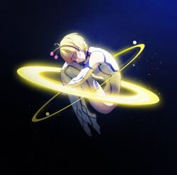 Rule 34 | 1girl, alien, antennae, bare shoulders, blonde hair, boots, closed mouth, commentary, dandadan, elbow gloves, english commentary, fetal position, from side, full body, gloves, gradient background, green eyes, highres, hugging own legs, looking down, profile, short hair, solo, tears, thigh boots, tiemoww, vamola (dandadan)