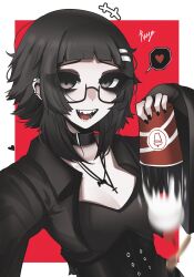 +++ 1girl :d absurdres arched_bangs arm_out_of_frame black_collar black_eyes black_hair black_jacket black_nails black_shirt border breasts cleavage collar commentary cross cross_necklace cup disposable_cup ear_piercing english_commentary falling_food food hair_ornament hairclip hand_up heart highres holding holding_cup ice_cream jacket jewelry long_sleeves looking_at_viewer medium_hair mikuneki necklace open_clothes open_jacket open_mouth original outside_border piercing riyo_kaede_(mikuneki) semi-rimless_eyewear shirt small_breasts small_sweatdrop smile solo speech_bubble spoken_heart spoon teeth under-rim_eyewear upper_body white_border wide_sleeves