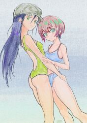2girls amate_yuzuriha aqua_eyes back_cutout bikini black_hair breasts cerealxs clothing_cutout colored_pencil_(medium) couple from_side green_hat gundam gundam_gquuuuuux hands_on_another&#039;s_ass hat highres long_hair looking_at_viewer multiple_girls nyaan_(gundam_gquuuuuux) one-piece_swimsuit red_hair short_hair small_breasts smile swimsuit traditional_media white_bikini yellow_eyes yellow_one-piece_swimsuit yuri