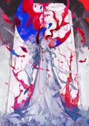 1girl absurdres arm_up colored_skin commentary_request crescent_moon dress eyeshadow facial_mark fantasy full_body hair_over_one_eye highres horns long_dress long_hair looking_at_viewer low-tied_long_hair makeup moon original outstretched_arm red_eyes red_eyeshadow red_horns red_skin rope shimenawa single_horn skull sleeves_past_fingers sleeves_past_wrists solo standing string string_of_fate syokuuuuuuuuumura tassel white_dress white_hair