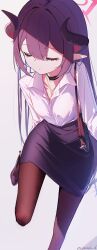1girl absurdres alternate_costume bag black_bag black_choker black_hair black_pantyhose black_skirt blue_archive chiaki_(blue_archive) choker closed_eyes closed_mouth demon_girl demon_horns gold_necklace hair_between_eyes highres holding holding_bag horns jewelry long_hair necklace pantyhose pencil_skirt removing_shoes s_panda_k shirt skirt solo white_shirt