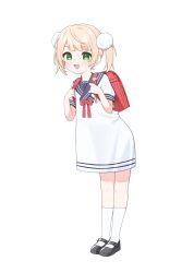 1girl :d absurdres aged_down backpack bag black_shoes blonde_hair blue_sailor_collar blush bow bowtie crime_prevention_buzzer dress green_eyes hair_ornament highres holding_strap indie_virtual_youtuber looking_at_viewer open_mouth pom_pom_(clothes) pom_pom_hair_ornament randoseru red_bag red_bow red_bowtie sailor_collar sailor_dress school_uniform see-through_silhouette shigure_ui_(vtuber) shigure_ui_(vtuber)_(young) shoes smile socks solo twintails ugaaaa1 virtual_youtuber white_socks