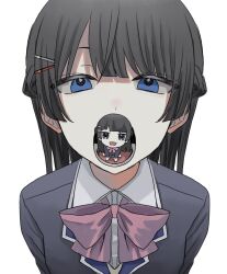 2girls black_eyes black_hair black_jacket blazer blue_eyes bow bowtie chibi clone collared_shirt commentary hair_ornament hairclip half-closed_eyes half_updo highres jacket kasou_(roomno404_) long_hair looking_at_viewer lower_teeth_only mini_person minigirl multiple_girls nijisanji open_mouth pink_bow pink_bowtie shirt sitting smile teeth tsukino_mito tsukino_mito_(1st_costume) upper_body virtual_youtuber vore white_shirt