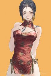 1girl arm_behind_back artist_name bani-lizo black_hair breasts brown_hair china_dress chinese_clothes cleavage cleavage_cutout clothing_cutout commentary cowboy_shot dress gold_trim hair_between_eyes hand_on_own_chest highres long_hair_between_eyes looking_at_viewer mandarin_collar medium_breasts nail_polish orange_background original pelvic_curtain red_nails side_slit simple_background solo turtleneck turtleneck_dress