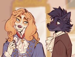 ! 2boys animal_ears artist_name augustin_prosper_de_belfort_(belfort_and_lupin) belfort_and_lupin black_coat blue_coat blush closed_mouth coat commentary dated dog_boy dog_ears fang fang_out fleur-de-lis flower furry furry_male highres looking_at_another lupin_(belfort_and_lupin) male_focus multiple_boys signature sitting smile tatujapa whiskers wolf_boy wolf_ears