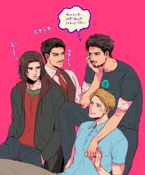 4boys animification arc_reactor black_jacket black_pants black_shirt blonde_hair blue_eyes blue_shirt blush brown_eyes brown_hair brown_vest bucky_barnes buttons closed_mouth collared_shirt commentary_request facial_hair father_and_son fingernails grey_pants hand_on_own_face hand_up hands_in_pocket highres holding_hands hood hooded_jacket howard_stark jacket jinglus4122 long_sleeves looking_at_another male_focus marvel marvel_cinematic_universe multiple_boys mustache necktie open_clothes open_jacket pants pink_background red_necktie red_shirt shirt short_hair short_sleeves simple_background sitting smile speech_bubble steve_rogers sweatdrop t-shirt thought_bubble tony_stark translation_request v-shaped_eyebrows vest