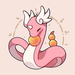 Rule 34 | absurdres, alternate color, artist name, blush, closed eyes, dragonair, gen 1 pokemon, highres, horns, nintendo, no humans, pokemon, pokemon (creature), sevi (seviyummy), shiny pokemon, simple background, single horn, solo