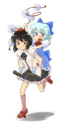 Rule 34 | 2girls, black hair, blue eyes, blue hair, carrying, cirno, female focus, geta, hat, multiple girls, note-takahashi, piggyback, running, shameimaru aya, snot, takahashi note, tengu-geta, tokin hat, touhou, wings