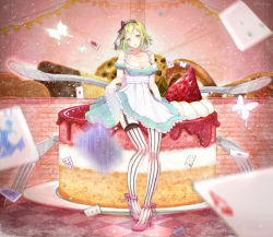 1girl akatsuki_rokino apron aqua_dress aqua_eyes black_bow blue_eyes bow breasts brick_wall bug butterfly cake card checkered_floor cleavage clock clothes_lift collarbone cookie detached_sleeves dress dress_lift eat_me_(vocaloid) female_focus flag food fork frilled_dress frills fruit garter_straps green_hair gumi hair_bow hairband head_tilt high_heels highres in_food insect lace lace-trimmed_legwear lace_trim light_particles long_legs looking_at_viewer medium_breasts mini_person minigirl motion_blur oversized_object parted_lips pennant pink_shoes plate playing_card puffy_short_sleeves puffy_sleeves ribbon shoes short_hair short_sleeves sitting solo sponge_cake strapless strapless_dress strawberry string_of_flags striped_clothes striped_thighhighs sweets thighhighs twitter_username vertical-striped_clothes vertical-striped_thighhighs vocaloid zettai_ryouiki