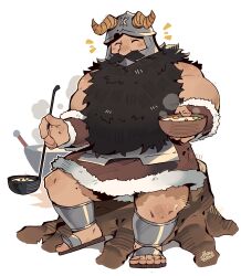 1boy absurdres bara beard blush_stickers bowl dungeon_meshi dwarf facial_hair facing_viewer fake_horns full_body graysheartart happy happy_aura helmet highres holding holding_bowl horned_helmet horns incoming_food log long_beard male_focus muscular muscular_male mustache senshi_(dungeon_meshi) sitting solo spread_legs stew thick_mustache very_long_beard wok