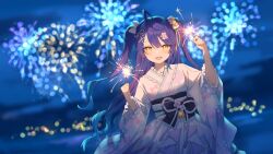 1girl absurdres ahoge amamiya_kokoro amamiya_kokoro_(3rd_costume) blue_hair bow fang flower hair_bow hair_flower hair_ornament hairclip highres holding holding_fireworks huge_ahoge japanese_clothes kimono looking_at_viewer miyayoki nijisanji ocean open_mouth skin_fang smile solo two_side_up upper_body virtual_youtuber white_bow white_kimono
