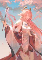 1girl absurdres animal_ears bare_shoulders breasts cherry_blossoms closed_eyes detached_sleeves earrings fox_ears genshin_impact gohei hair_between_eyes hair_ornament highres holding holding_gohei japanese_clothes jewelry light_smile long_hair long_sleeves medium_breasts pink_hair shi_(shi_zumii) sideboob wide_sleeves yae_miko