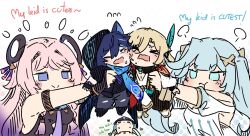 &gt;_&lt; 3boys 3girls :&gt; absurdres animal_ears aqua_eyes aqua_hair armlet arrow_print bat_ears black_footwear black_gloves black_hood black_jacket black_leotard black_pants black_shirt black_sleeves black_undershirt blonde_hair blue_hair blue_hat blue_scarf blunt_bangs blunt_tresses blush blush_stickers bracelet braid carrying cheek-to-cheek cheek_bulge chibi child_carry citlali_(genshin_impact) cleavage_cutout closed_eyes closed_mouth clothing_cutout competition cowlick cursive dress english_text facial_mark faruzan_(genshin_impact) feather_hair_ornament feathers fingerless_gloves floating_headgear genshin_impact gloves gradient_hair grandmother_and_grandson hair_between_eyes hair_intakes hair_ornament hair_rings hair_tubes hat headgear heads_together heart highres jacket jewelry jingasa jitome kaveh_(genshin_impact) leaf leaf_hair_ornament leotard long_hair multicolored_hair multiple_boys multiple_girls nahida_(genshin_impact) necktie open_clothes open_jacket ororon_(genshin_impact) outstretched_arms pants parted_bangs pink_hair pink_necktie purple_eyes purple_hair purple_necktie scaramouche_(genshin_impact) scarf sesield shirt shoes short_sleeves shoulder_cutout sidelocks leotard streaked_hair sweatdrop torn_clothes torn_pants triangle triangle_facial_mark triangle_print twin_braids twintails v-shaped_eyebrows wanderer_(genshin_impact) white_background white_dress white_shirt white_sleeves x_hair_ornament yellow_shoes