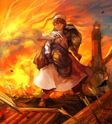 Rule 34 | 1girl, akaneko (redakanekocat), arrow (projectile), battle, blood, blood on clothes, brown hair, capelet, carrying, carrying over shoulder, carrying under arm, commentary request, crying, crying with eyes open, explosion, full body, gloves, highres, long hair, nurse-cap, outdoors, pixiv fantasia, pixiv fantasia t, robe, tears, tower, white capelet, white robe