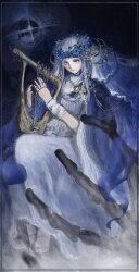 1girl black_background blue_eyes braid de_rvert doll_joints dress elden_ring elden_ring_nightreign flower_wreath head_wreath highres holding holding_instrument holding_lyre instrument jewelry joints low_twin_braids lyre revenant_(elden_ring) sitting skeleton spirit twin_braids veil white_dress white_veil