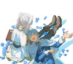 1boy 1girl :d black_pantyhose blue_flower blue_hair blue_shirt book boots brown_boots cape capelet elf flower frieren hand_up hashtag-only_commentary highres himmel_(sousou_no_frieren) kurattes long_hair long_sleeves lying on_back open_mouth pantyhose pointy_ears shirt short_hair simple_background sitting skirt smile sousou_no_frieren teeth twintails upper_teeth_only white_background white_cape white_capelet white_hair white_skirt
