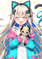 Rule 34 | 1girl, :d, ^ ^, absurdres, ahoge, animal ear headphones, animal ears, bare shoulders, blonde hair, blue hair, blue jacket, blue nails, blue ribbon, blush, bow, cat hair ornament, cat tail, character doll, closed eyes, collarbone, commentary request, doll, dress, facing viewer, fake animal ears, hair ornament, hairclip, headphones, highres, holding, holding doll, hood, hood down, hooded jacket, indie virtual youtuber, jacket, long sleeves, multicolored hair, nail polish, off shoulder, open clothes, open jacket, open mouth, puffy long sleeves, puffy sleeves, ribbon, simple background, sleeveless, sleeveless dress, sleeves past wrists, smile, solo, star (symbol), tail, two-tone hair, uchuuneko, uchuuneko (vtuber), upper body, virtual youtuber, white background, white bow, white dress, x hair ornament