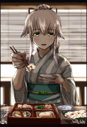 border food food_focus hair_flaps highres japanese_clothes kantai_collection kimono long_hair long_sleeves meal open_mouth pink_hair seitei_(04seitei) sketch solo yellow_eyes yukata yura_(kancolle) yura_(yukata)_(kancolle)