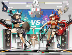 !? 2girls :d absurdres alternate_costume animal_ears arknights ashlock_(arknights) bandeau belt black_bandeau black_belt black_footwear black_socks blemishine_(arknights) brown_hair cameo closure_(arknights) crop_top doctor_(arknights) earclip flametail_(arknights) flametail_(sport_for_all)_(arknights) full_body gaanc_23_(tomosuge) grey_eyes head-mounted_display highres holding holding_sword holding_weapon indoors kneehighs leg_tattoo leg_up long_hair looking_at_another material_growth midriff monitor multiple_girls navel official_alternate_costume open_mouth oripathy_lesion_(arknights) pixel_art red_eyes red_hair red_shirt school_uniform serafuku shirt shoes short_hair shorts smile socks speaker speech_bubble spoken_expression spoken_interrobang squirrel_ears squirrel_girl squirrel_tail sword tail tattoo teeth thigh_strap upper_teeth_only visor_(armor) visor_lift weapon white_shirt white_shorts wild_mane_(arknights)